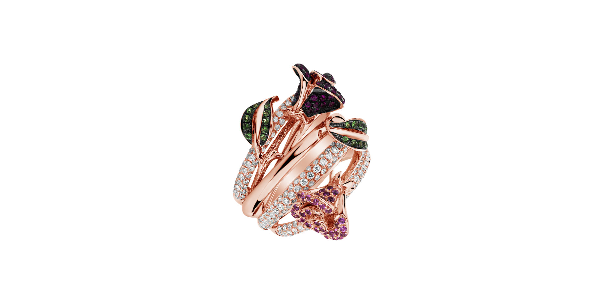 Prsteň s diamantmi, rubínmi, zafírmi a granátmi Flower Sin