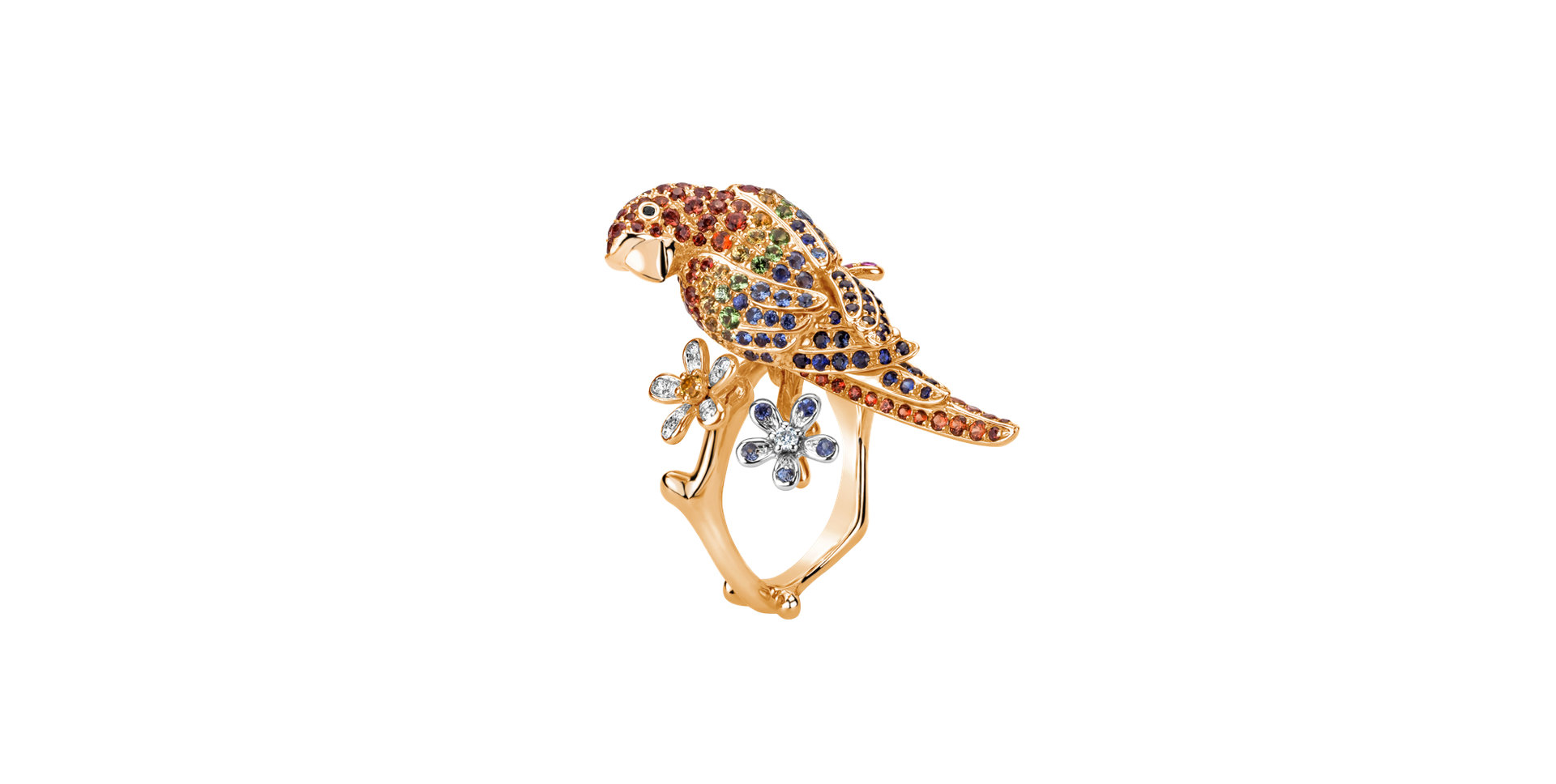 Prsteň s čiernymi a bielymi diamantmi, granátmi a zafírmi Alluring Parrot