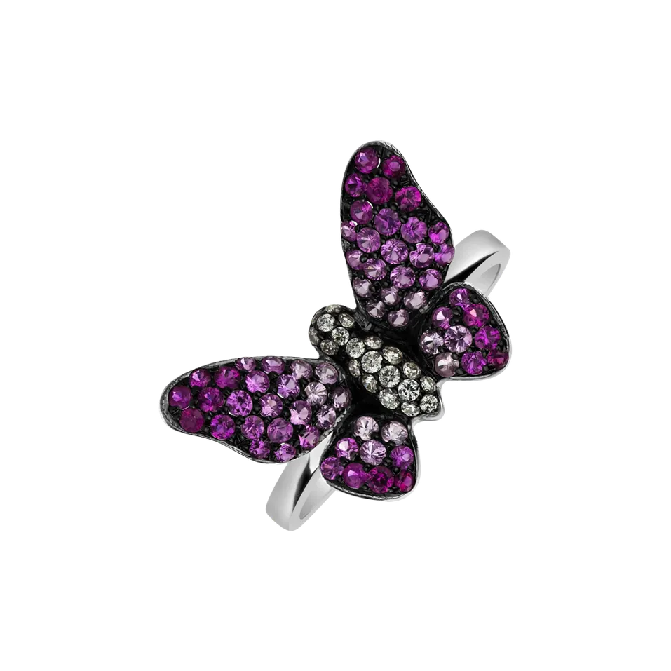 Prsteň s diamantmi, rubínmi a zafírmi Glamorous Butterfly