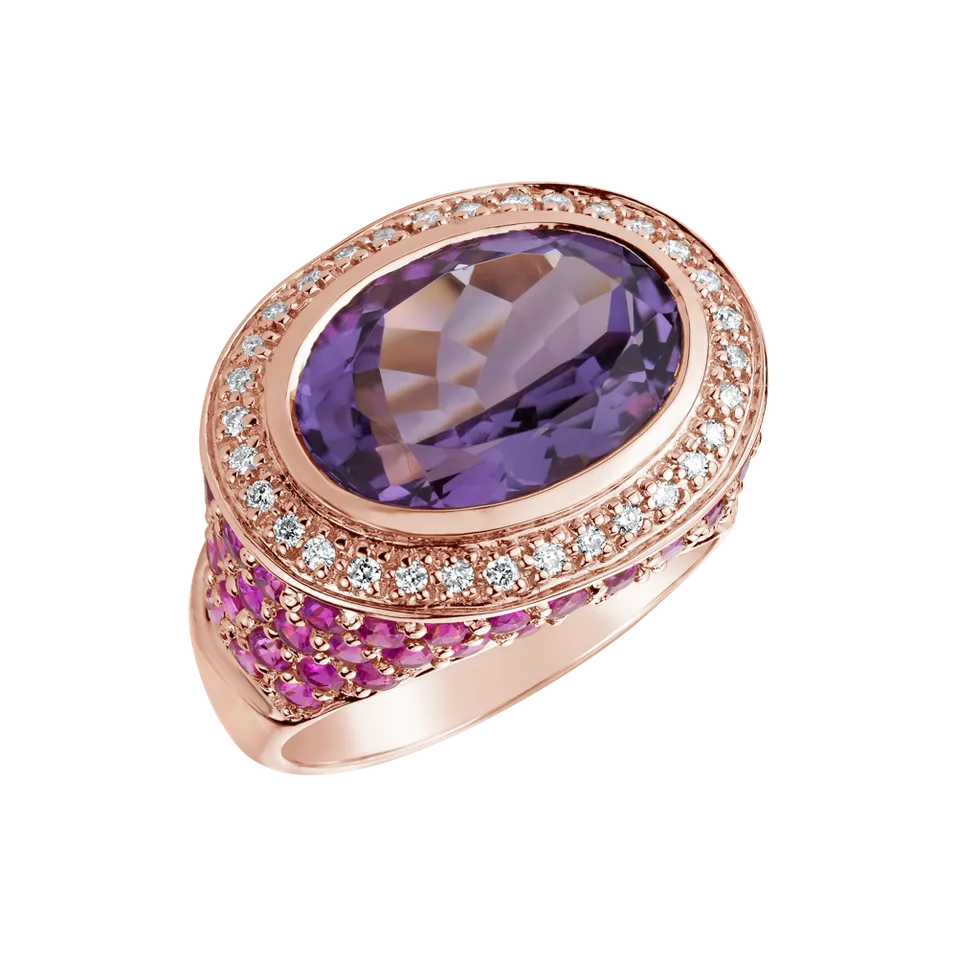 Prsteň s ametystom, diamantmi a rubínmi Agate
