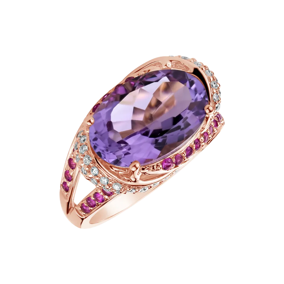 Prsteň s ametystom, diamantmi a rubínmi Aquanetta