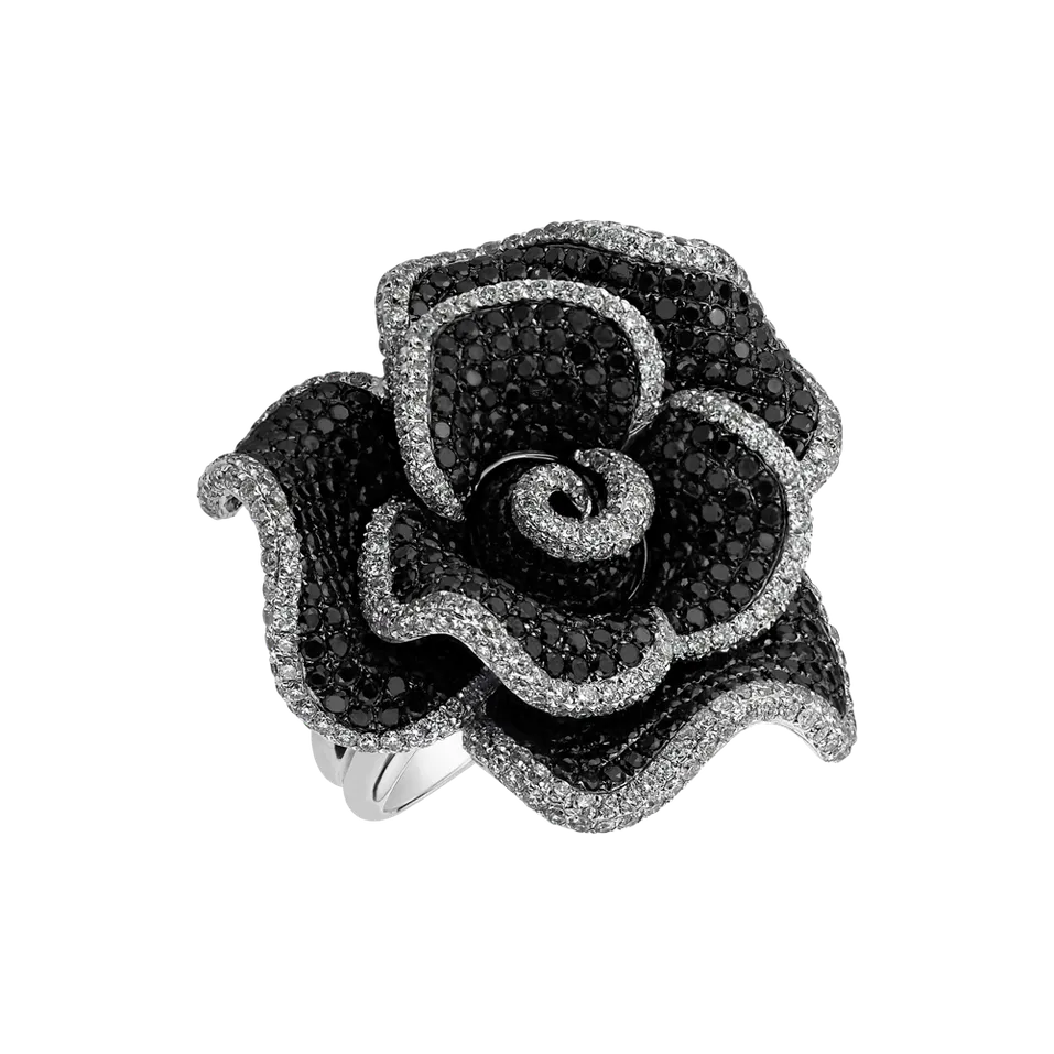 Prsteň s bielymi a čiernymi diamantmi Royal Rose