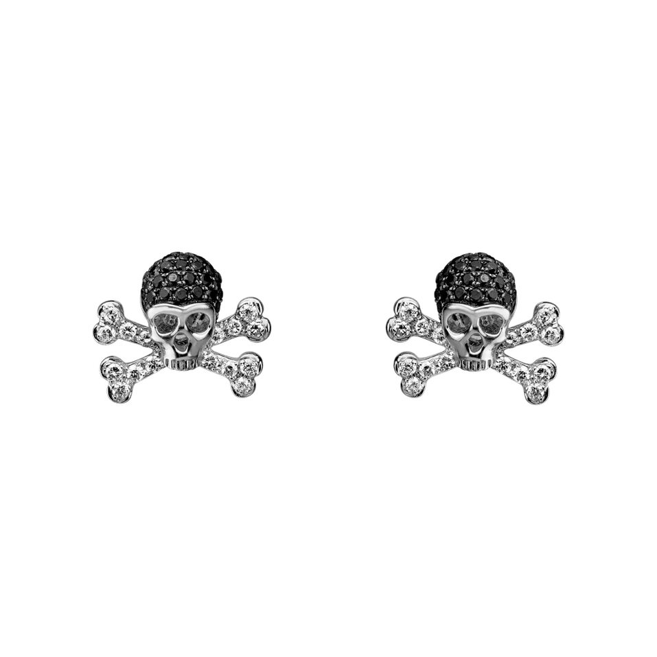Náušnice s bielymi a čiernymi diamantmi Luxury Skull
