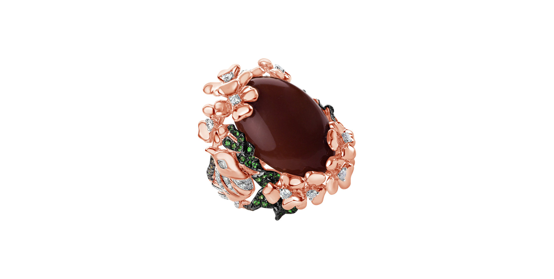 Prsteň s mesačným kameňom, bielymi, hnedými diamantmi a drahokamami Kala