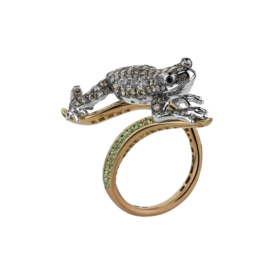 Prsteň s bielymi, hnedými a čiernymi diamantmi a granátmi Luxury Frog