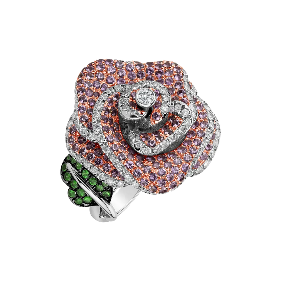 Prsteň s diamantmi, zafírmi a granátmi Flor
