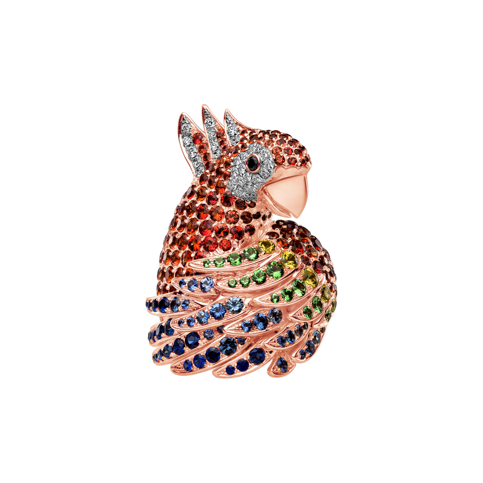 Prsteň s čiernymi a bielymi diamantmi, zafírmi a granátmi Sapphire Parrot