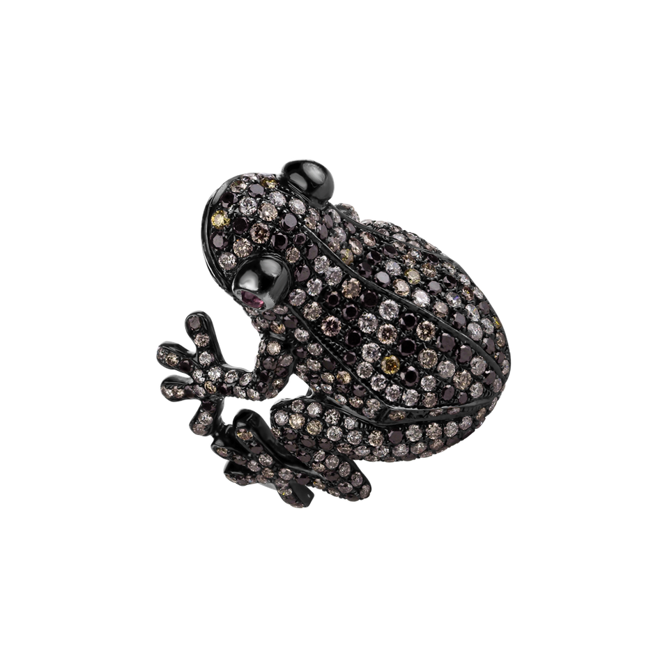 Prsteň s bielymi, hnedými a čiernymi diamantmi a turmalínmi My Frog