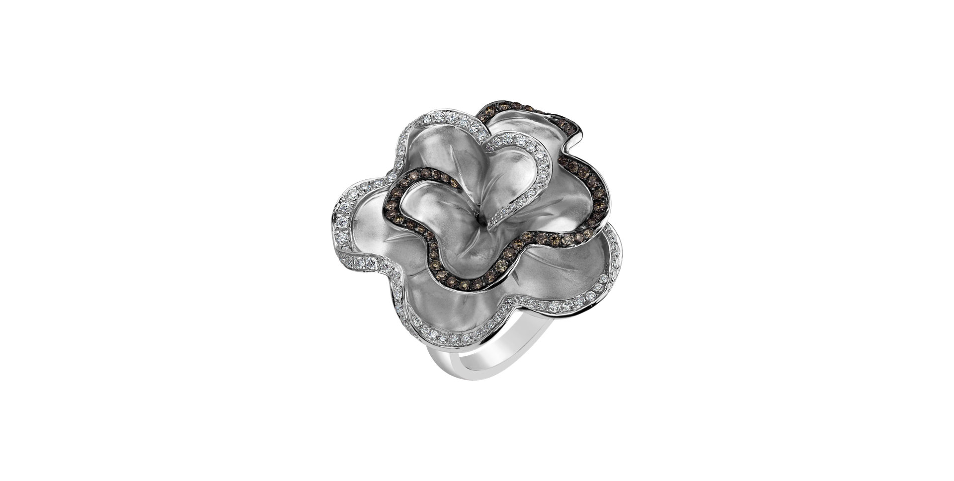 Prsteň s bielymi a hnedými diamantmi Metal Flower