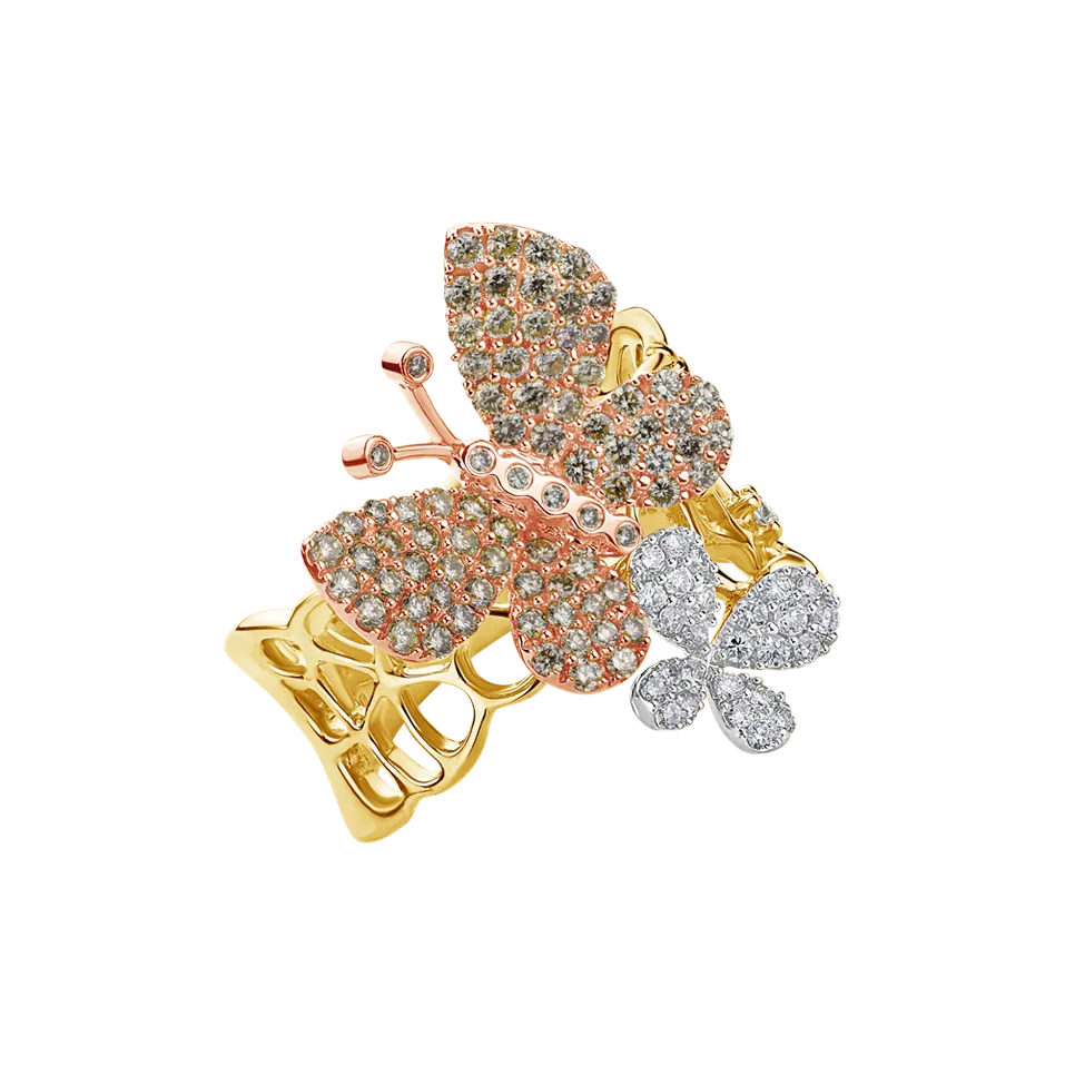 Prsteň s bielymi a hnedými diamantmi Butterfly Treasure