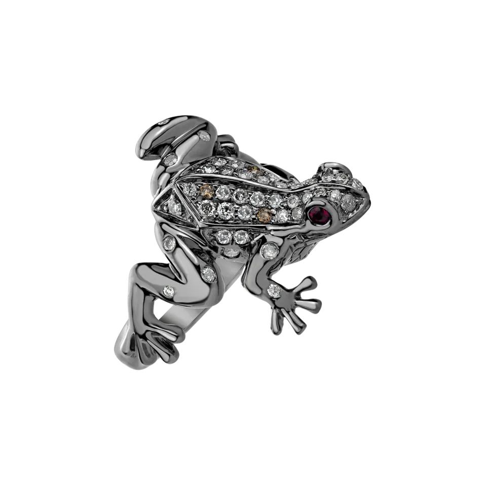 Prsteň s bielymi a hnedými diamantmi a rubínmi Dark Fairytale Frog