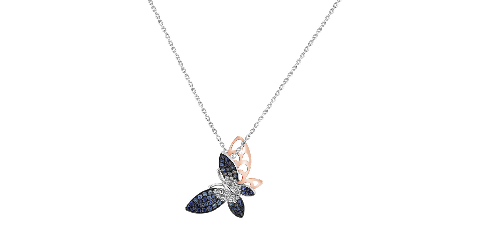 Přívěsok s řetízkom a diamantmi a zafírmi Shadow Butterfly
