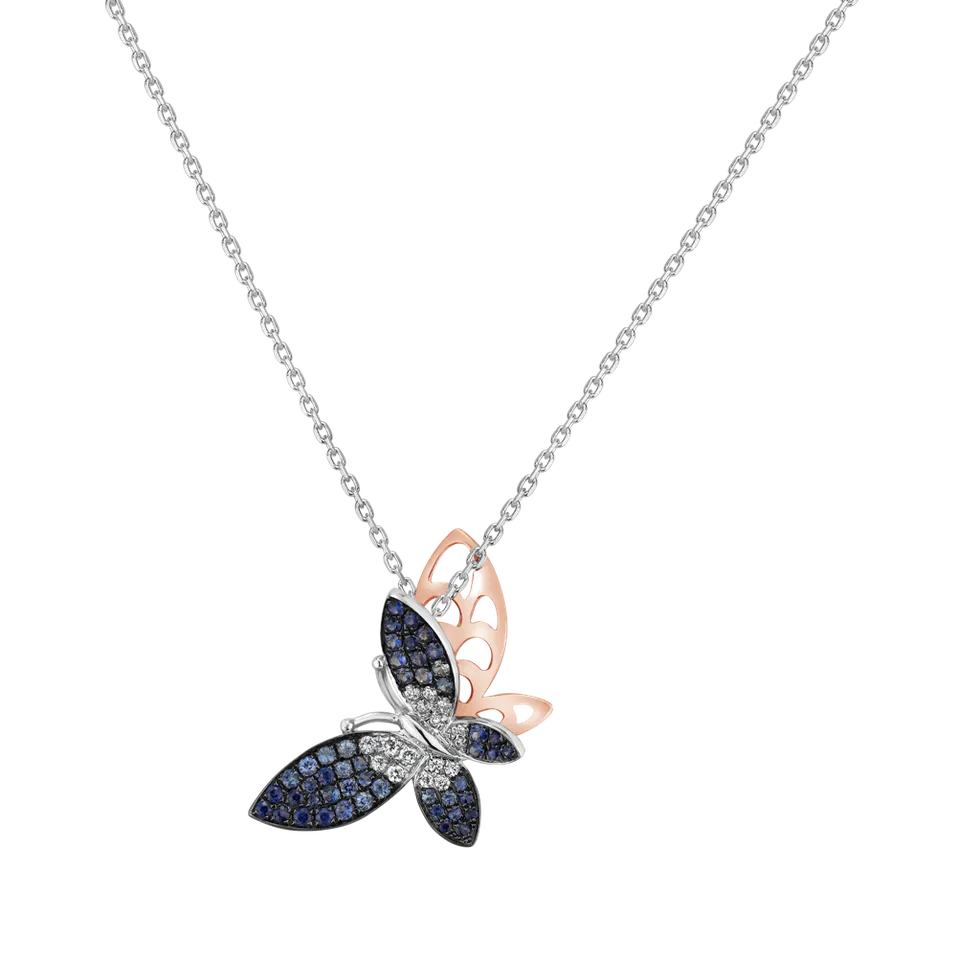 Přívěsok s řetízkom a diamantmi a zafírmi Shadow Butterfly
