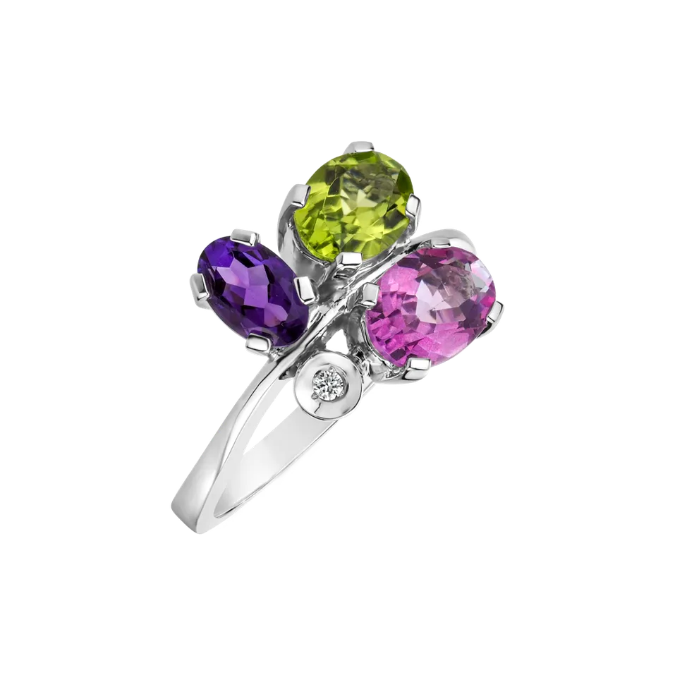 Prsteň s diamantmi, ametystom, topásom , peridotom Multicolor