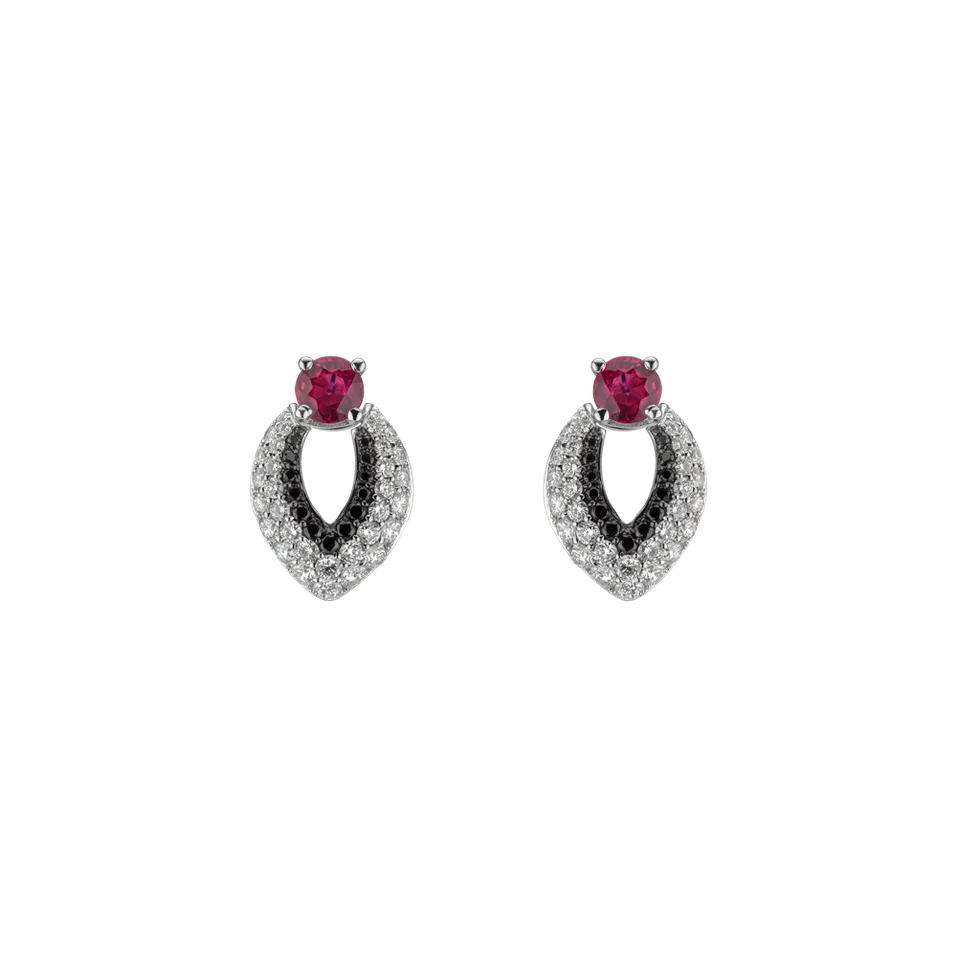 Náušnice s rubínom, bielymi a čiernymi diamantmi Luxury Darkness