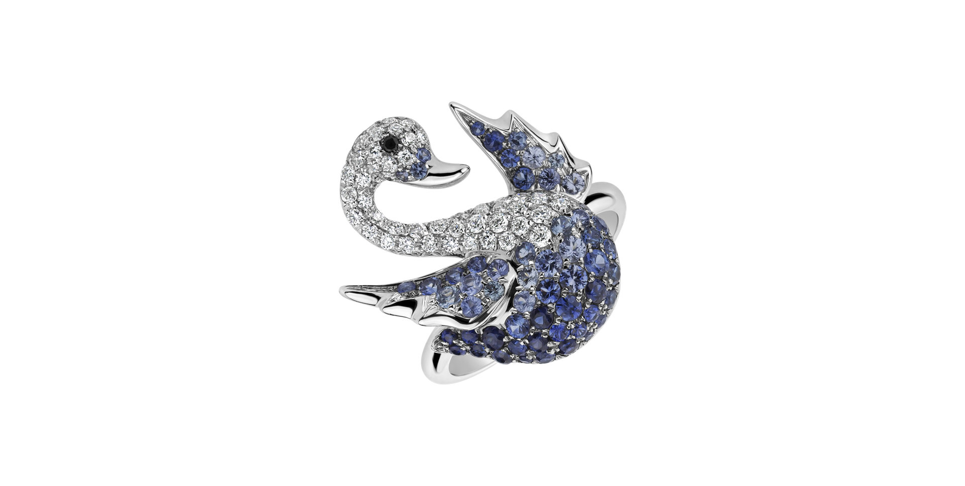 Prsteň s čiernymi a bielymi diamantmi a zafírmi Magical Swan