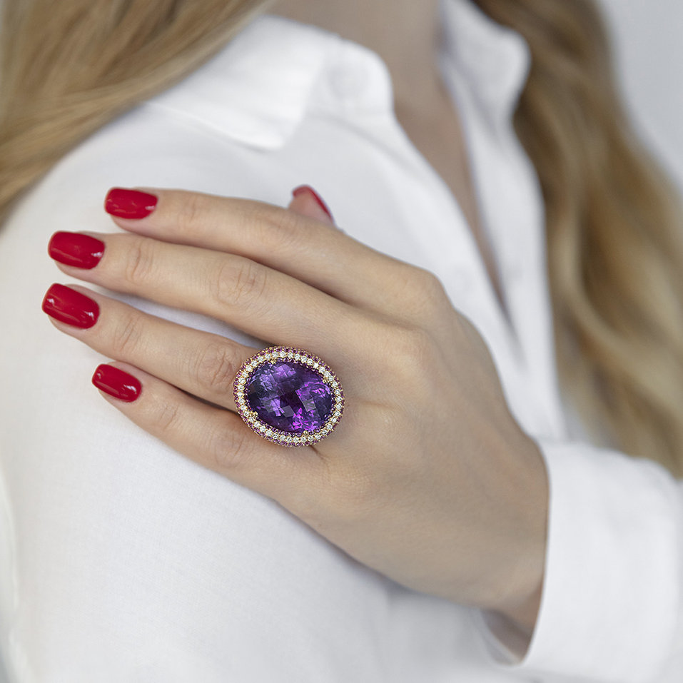Prsteň s ametystom, diamantmi a zafírmi Violetta