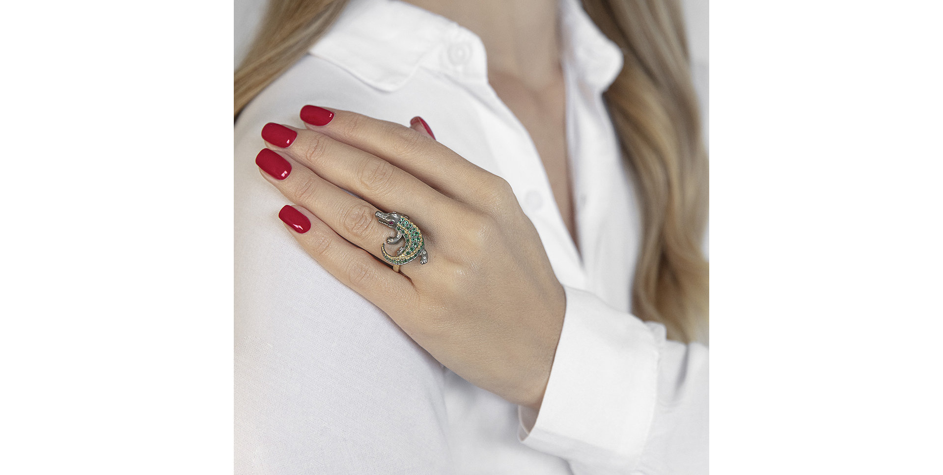 Prsteň s diamantmi a smaragdmi a rubínmi Black Croco