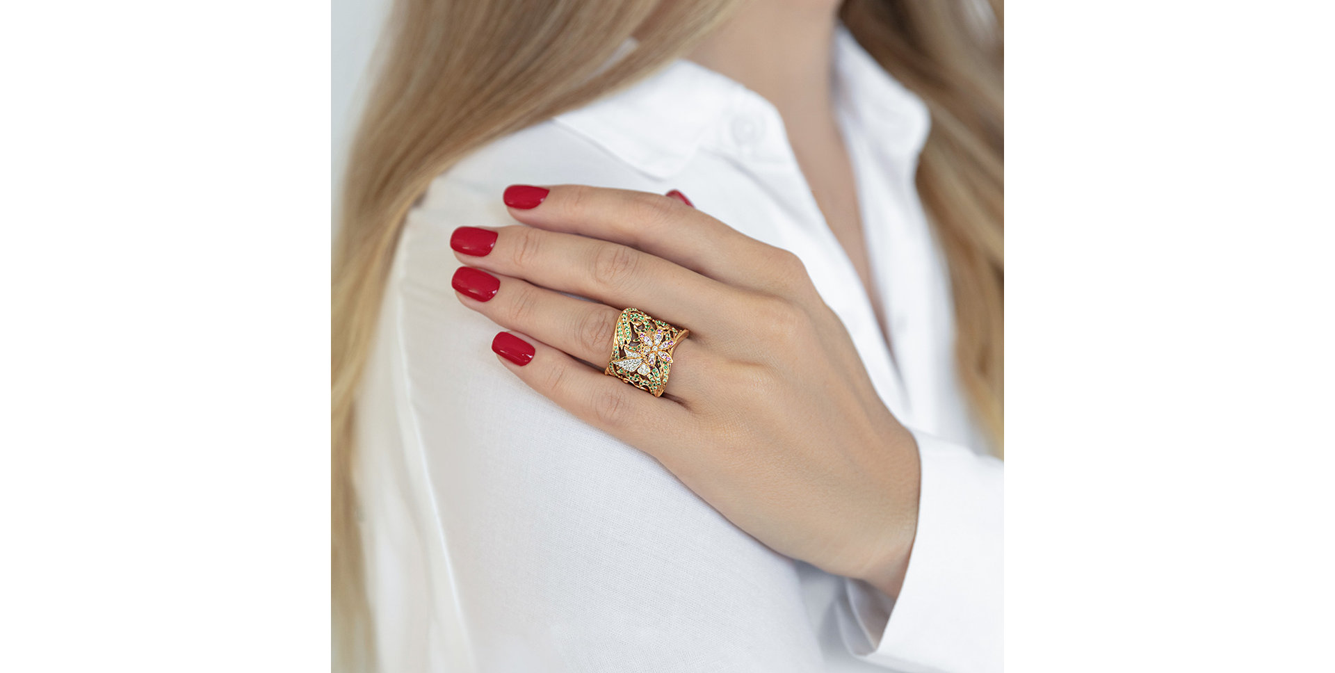 Prsteň s diamantmi, zafírmi a granátmi Solar Garden