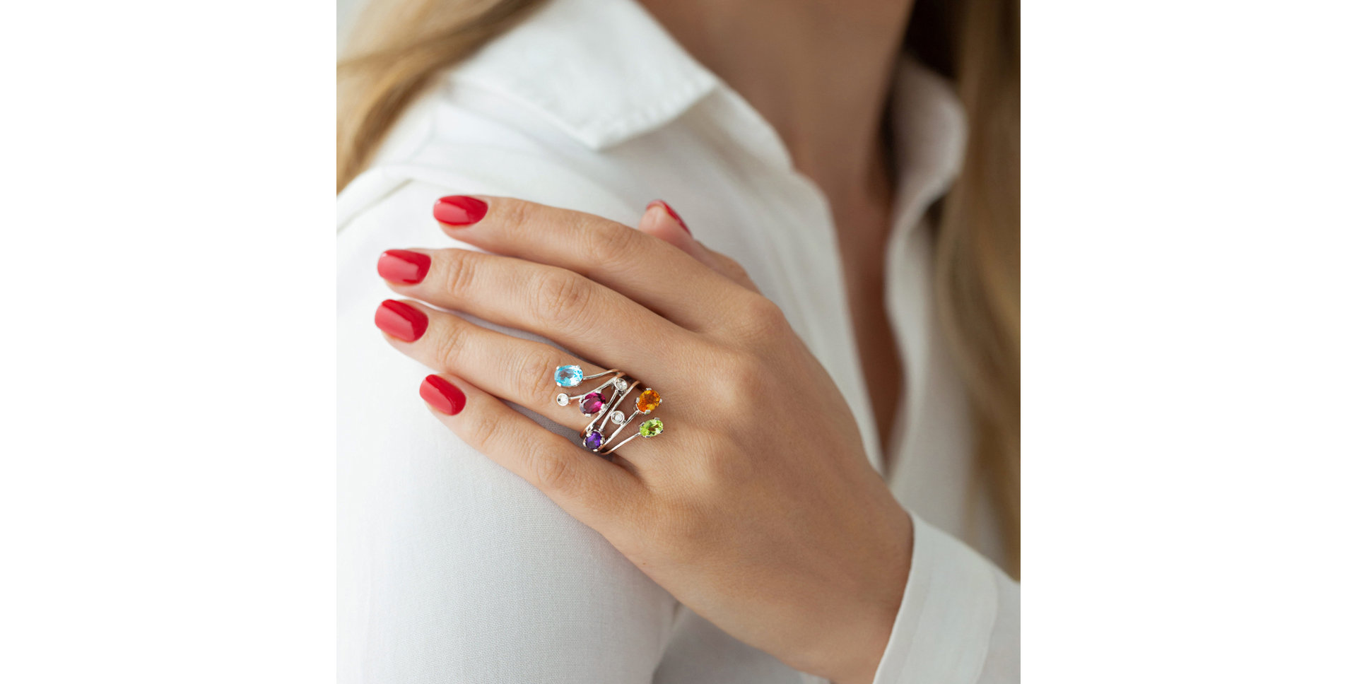 Prsteň s diamantmi, rhodolitom, peridotom, ametystom, topásom a citrínom Pleasure