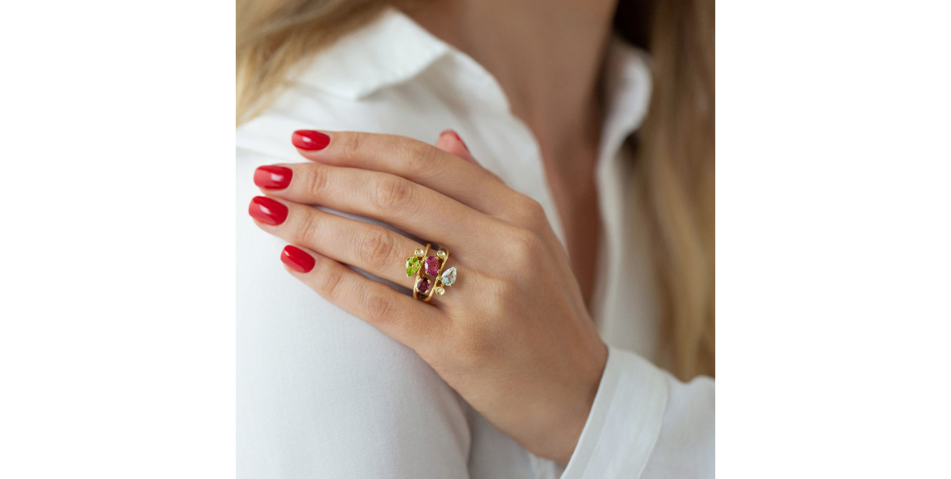 Prsteň s rhodolitom a diamantmi, peridotom a topásom Floy