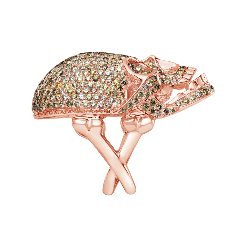 Prsteň s bielymi a hnedými diamantmi Diamond Skull