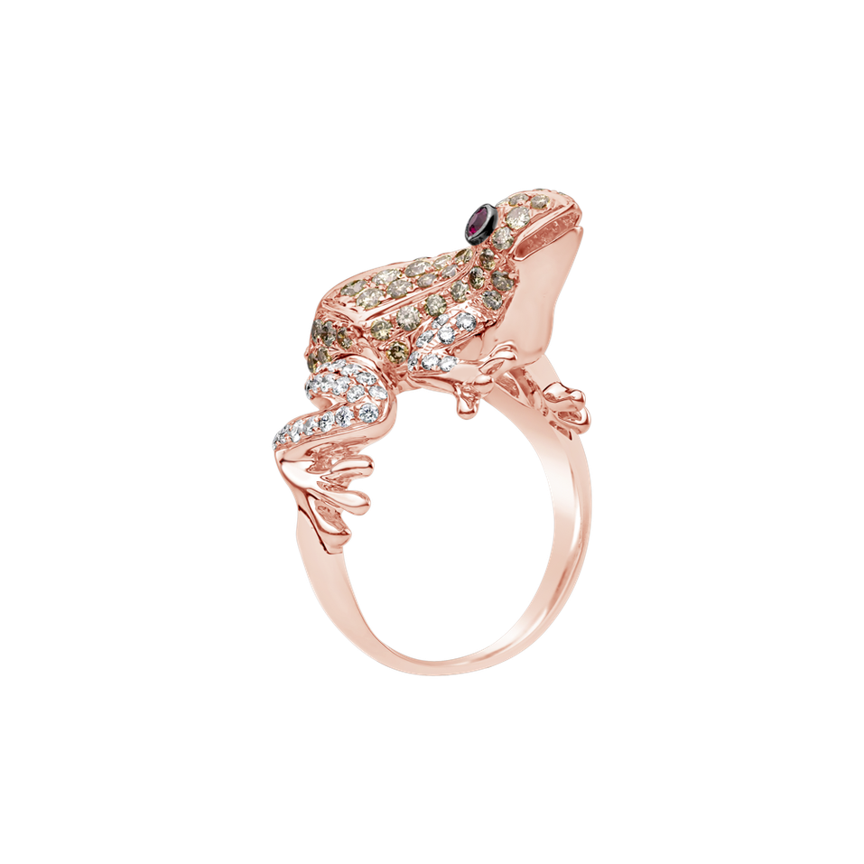 Prsteň s bielymi a hnedými diamantmi a rubínmi Miracle Frog