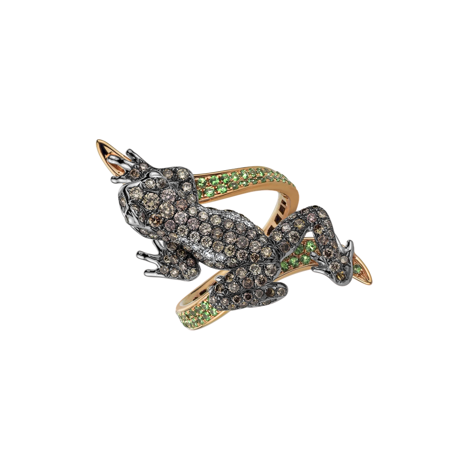 Prsteň s bielymi, hnedými a čiernymi diamantmi a granátmi Luxury Frog