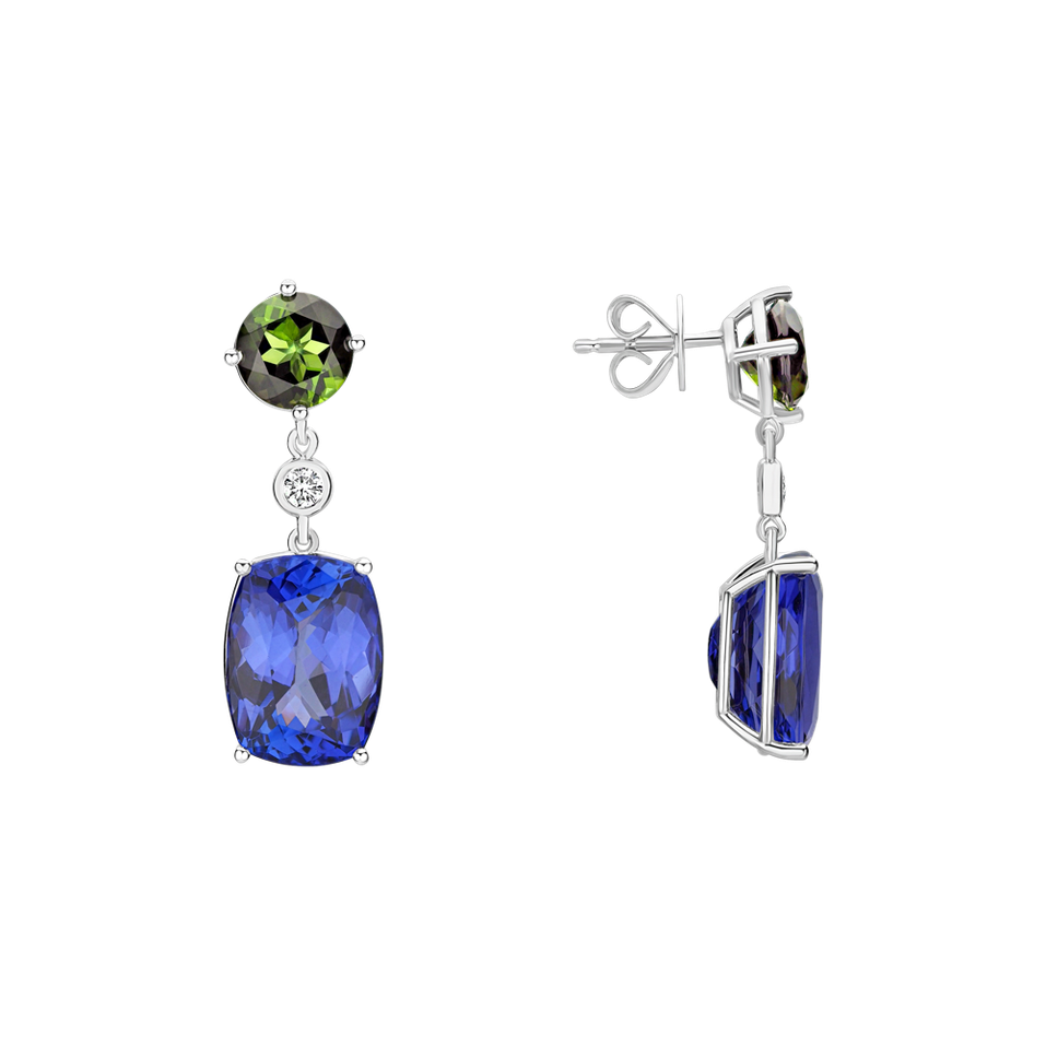 Náušnice s diamantom, turmalínom a tanzanitom Fantasy Rain