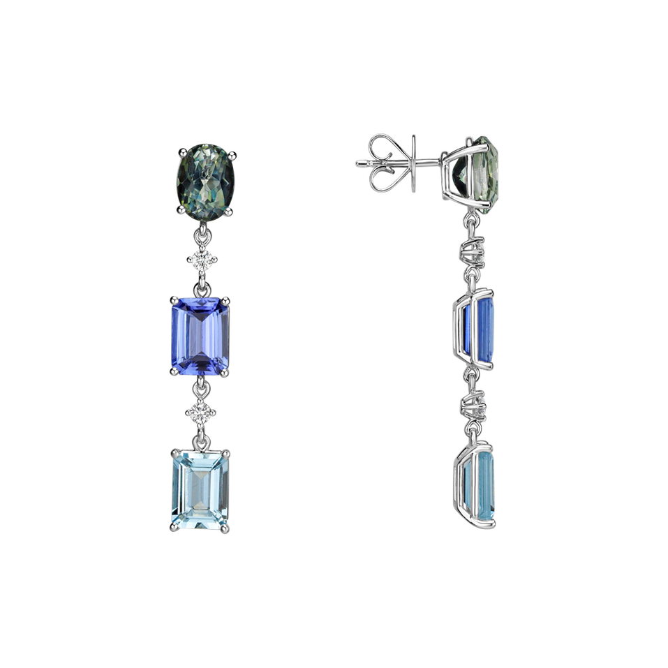 Náušnice s diamantmi, akvamarínom, tanzanitom a multizafírom Mystic Rain