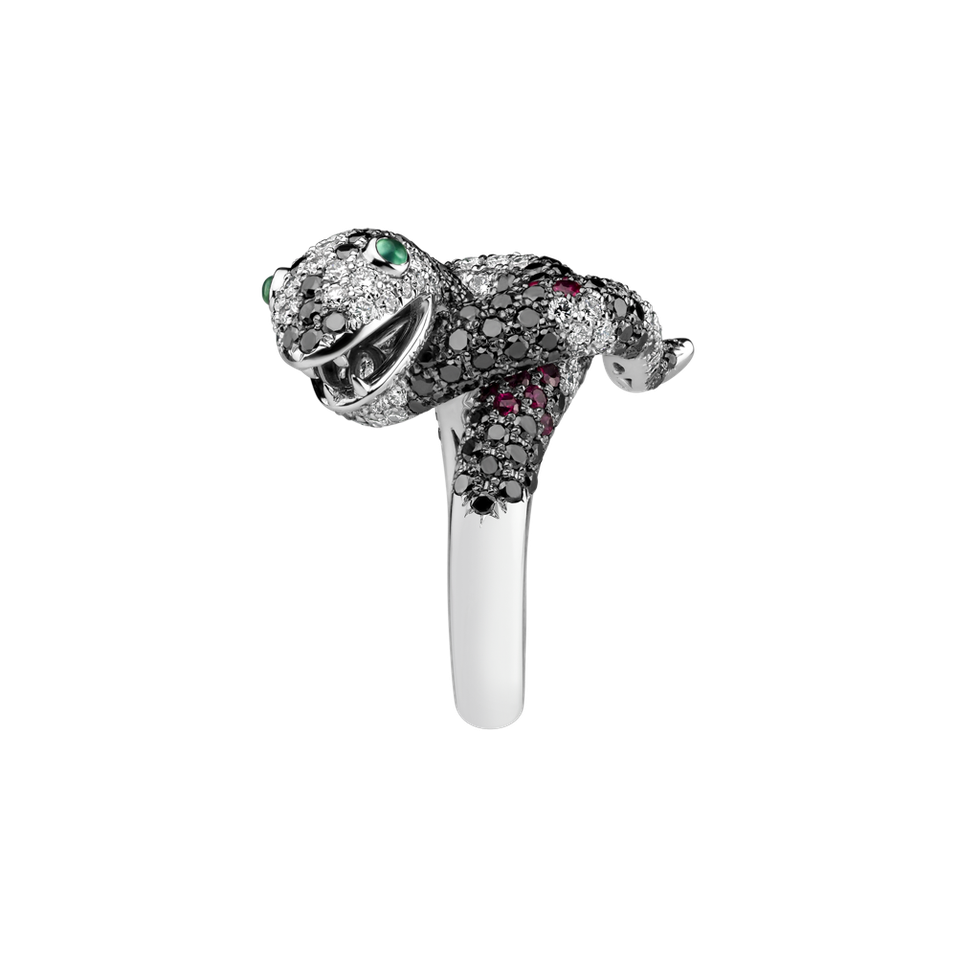 Prsteň s čiernymi a bielymi diamantmi, rubínmi a granátmi The Dark Serpent