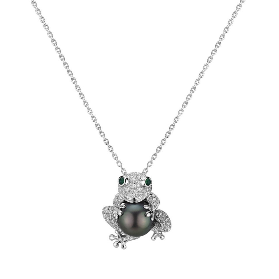 Brošňa s perlou ,diamantmi a granátmi Fantasy Frog