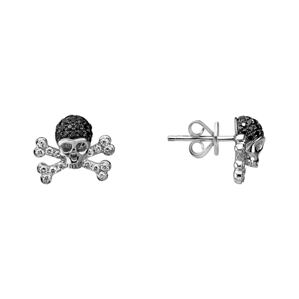 Náušnice s bielymi a čiernymi diamantmi Luxury Skull
