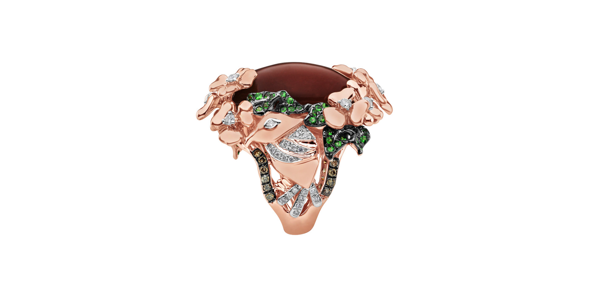 Prsteň s mesačným kameňom, bielymi, hnedými diamantmi a drahokamami Kala