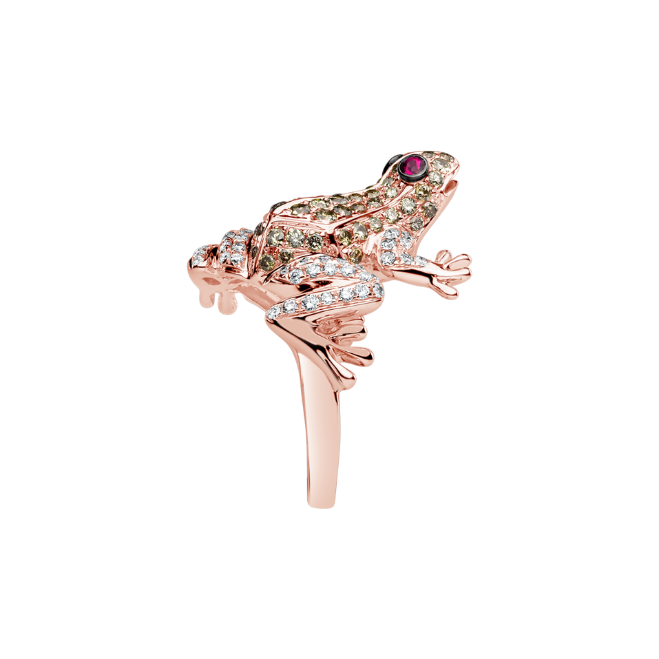 Prsteň s bielymi a hnedými diamantmi a rubínmi Miracle Frog