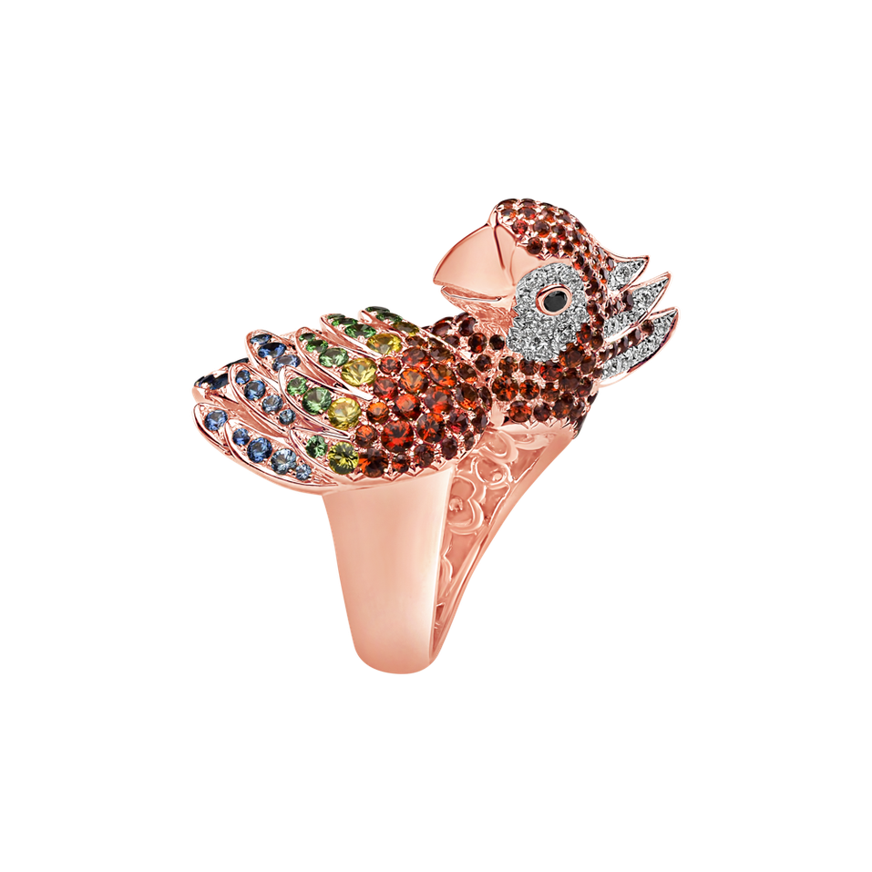 Prsteň s čiernymi a bielymi diamantmi, zafírmi a granátmi Sapphire Parrot