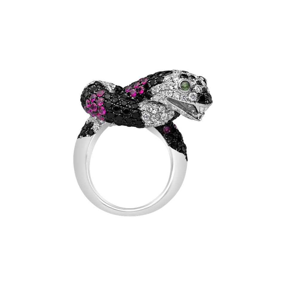 Prsteň s čiernymi a bielymi diamantmi, granátmi a rubínmi Black and White Snake