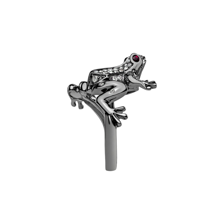Prsteň s bielymi a hnedými diamantmi a rubínmi Dark Fairytale Frog