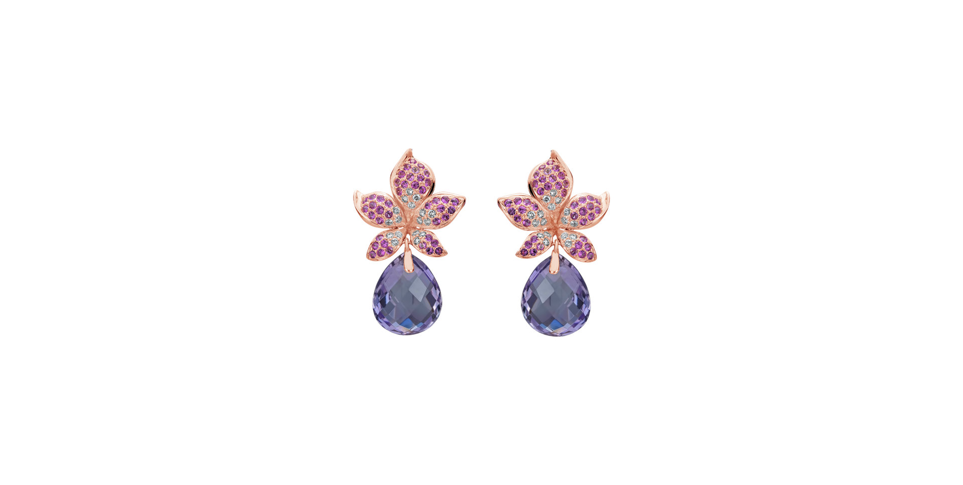 Náušnice s diamantmi, ametystom a zafírmi Plumeria Paradise