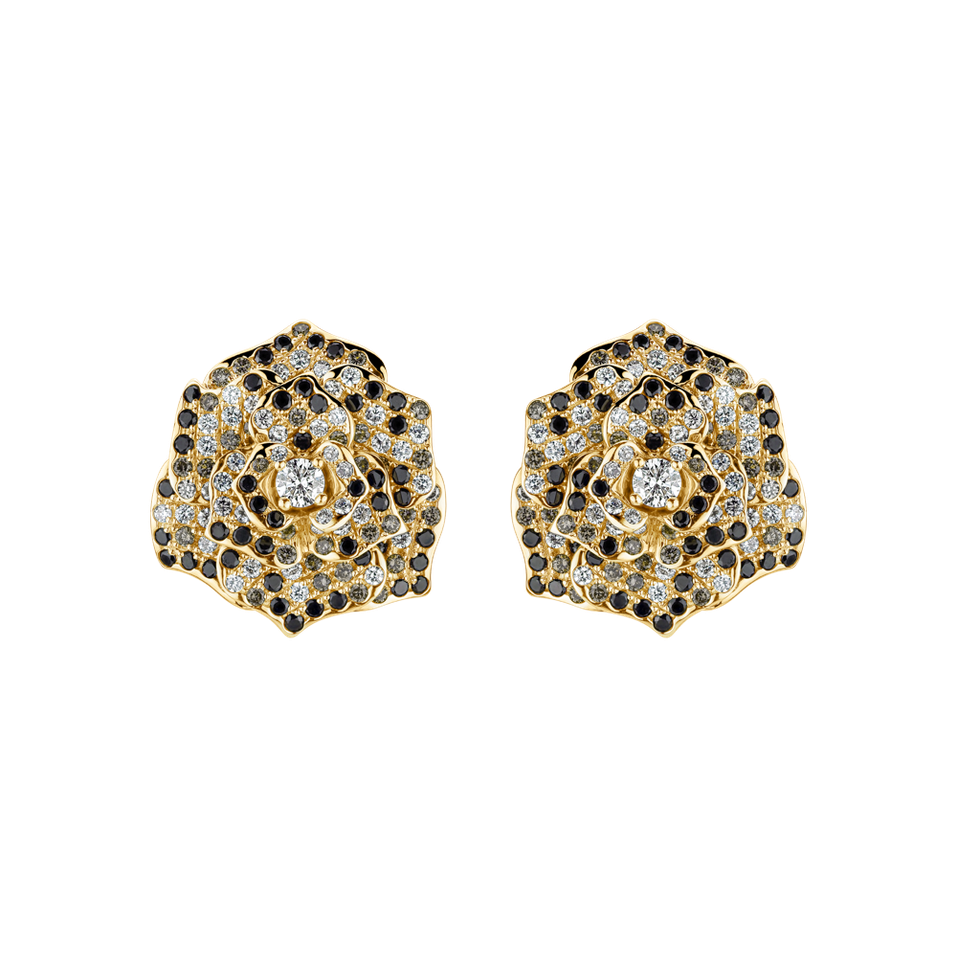 Náušnice s bielymi, hnedými a čiernymi diamantmi Witching Rose