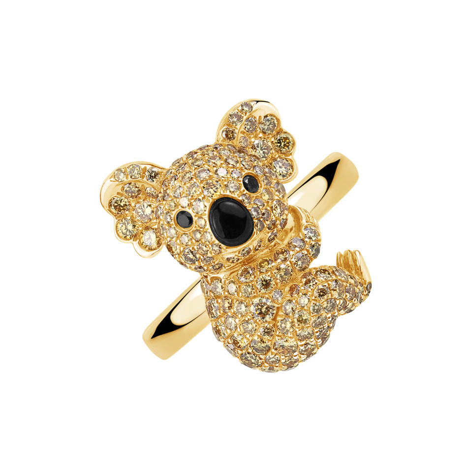 Prsteň s bielymi a žltými diamantmi a ónyxom Koala