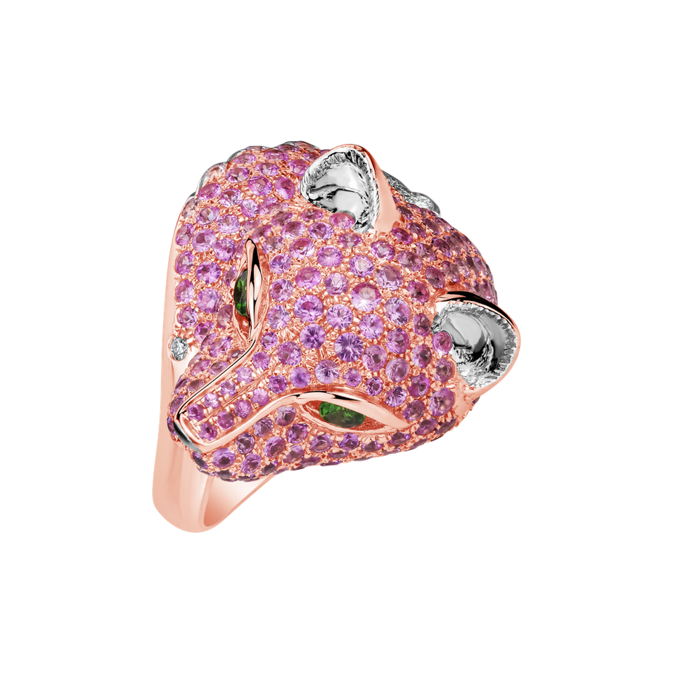 Prsten s diamanty, zelenými granáty a růžovými safíry Pink Panther