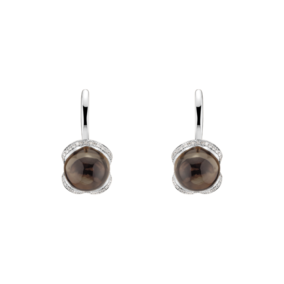 Náušnice 14kt biele zlato s diamantom a smoky quartzom Rainbow Wish