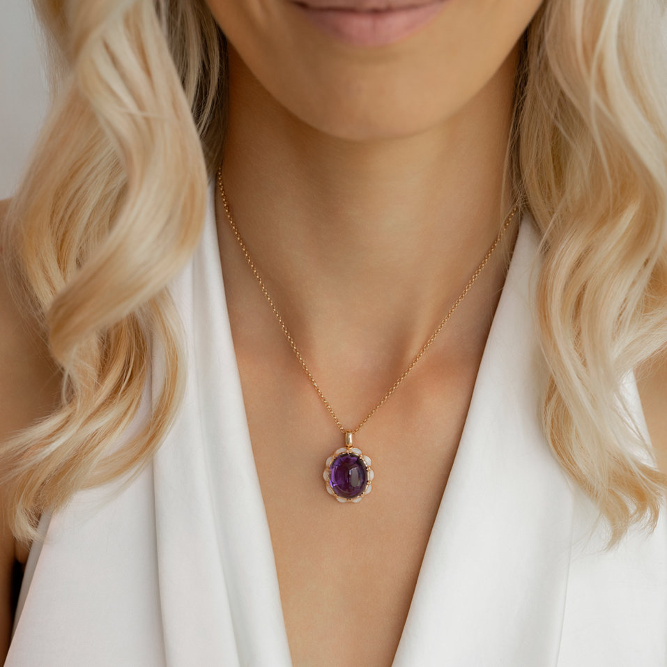Náhrdelník s diamantmi, ametystom a perleťou Blossoms Elegance