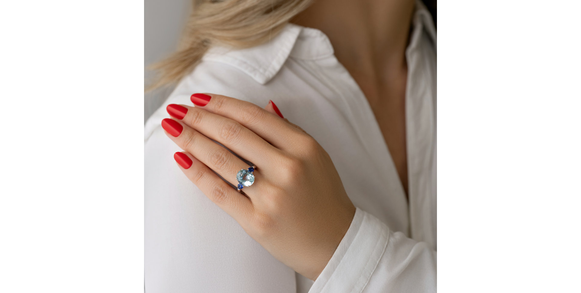 Prsteň 14kt biele zlato s akvamarínom a zafírom Fiona