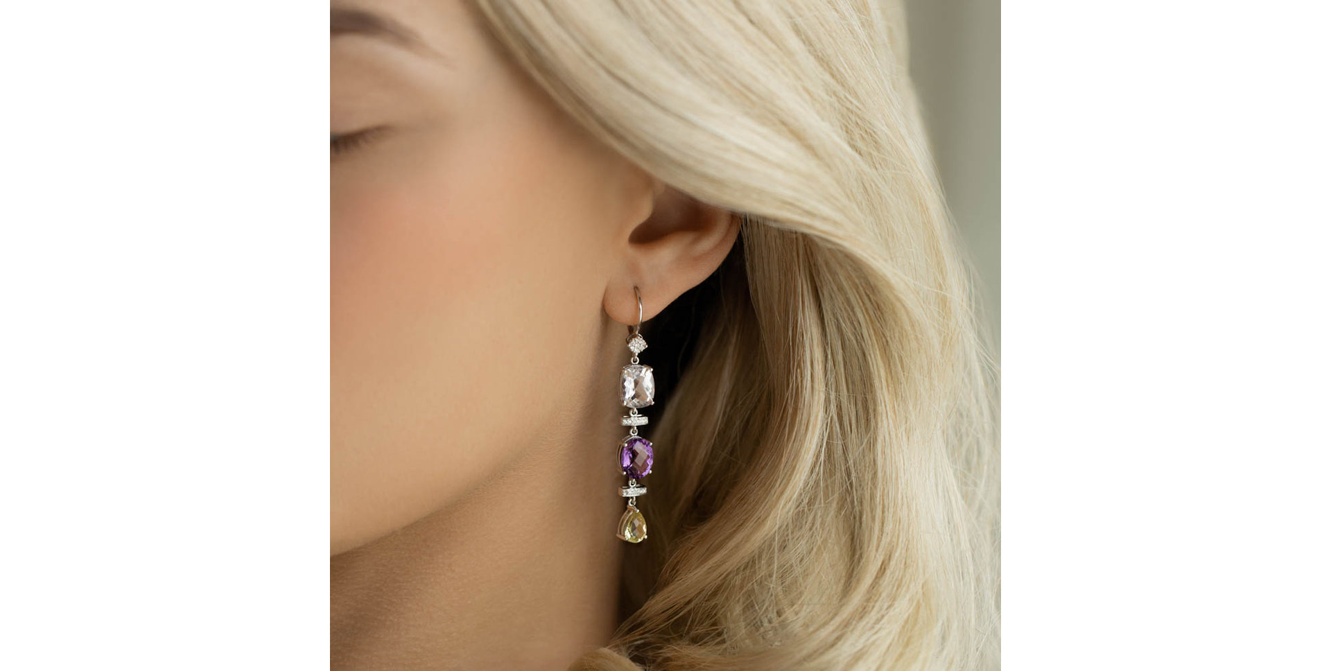 Náušnice s diamantmi, ametystmi a quartzom Sirène