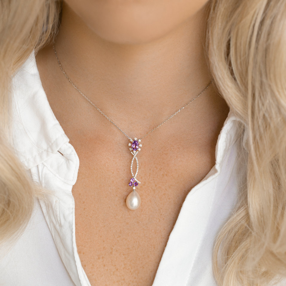 Přívěsok s perlou, diamantmi a ametystmi Secret of Underwater Flowers