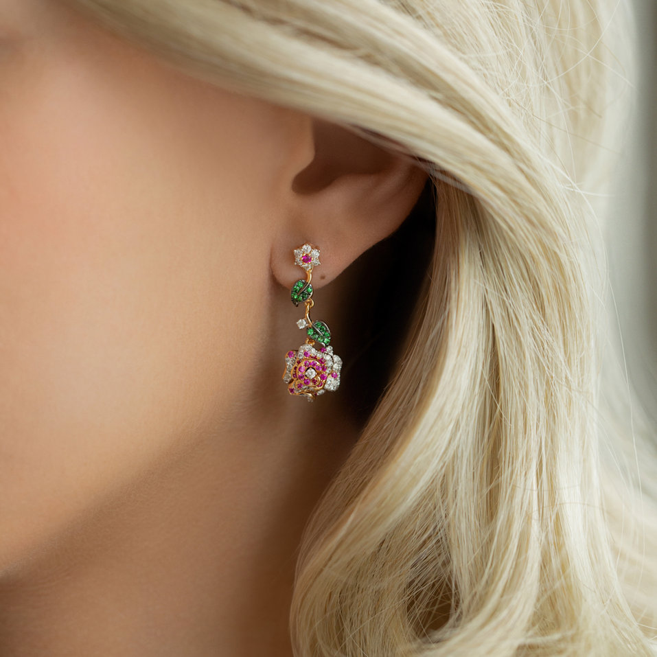 Náušnice s diamantmi, rubínom a granátom Laguna