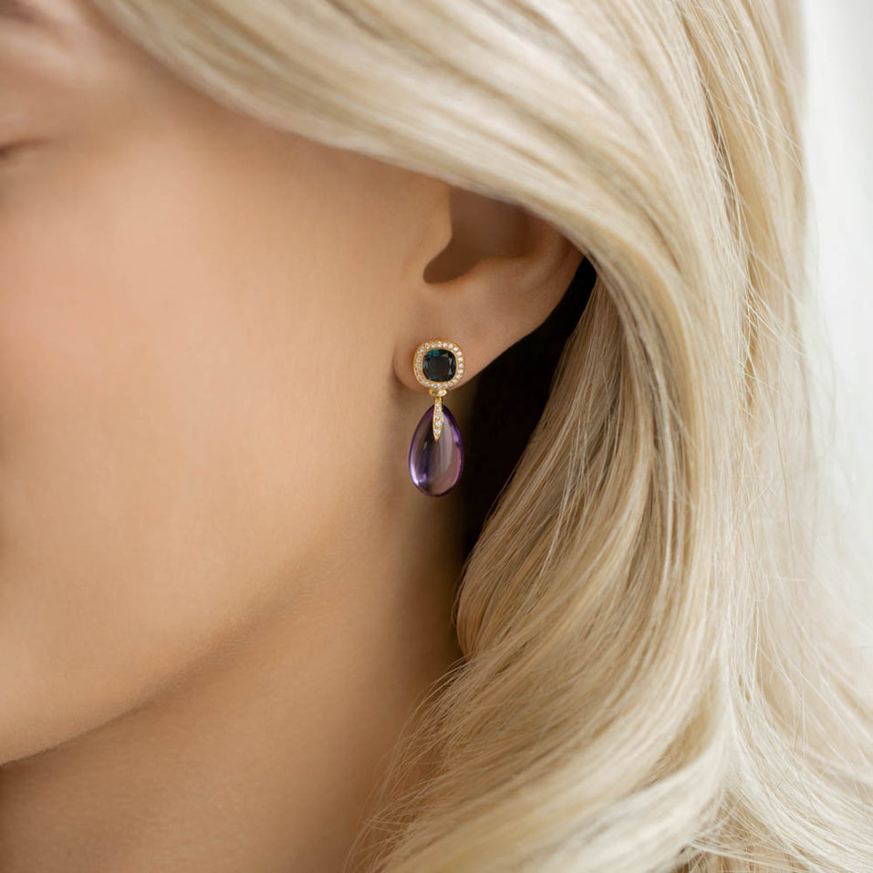 Náušnice s ametystom, diamantmi a topásom Violet Lady