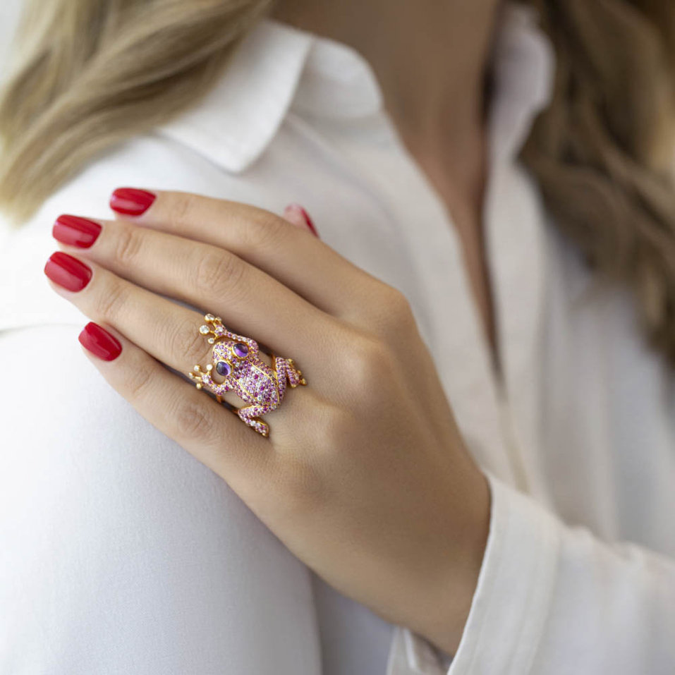 Prsteň s diamantmi, zafírmi a ametystmi Sapphire Frog